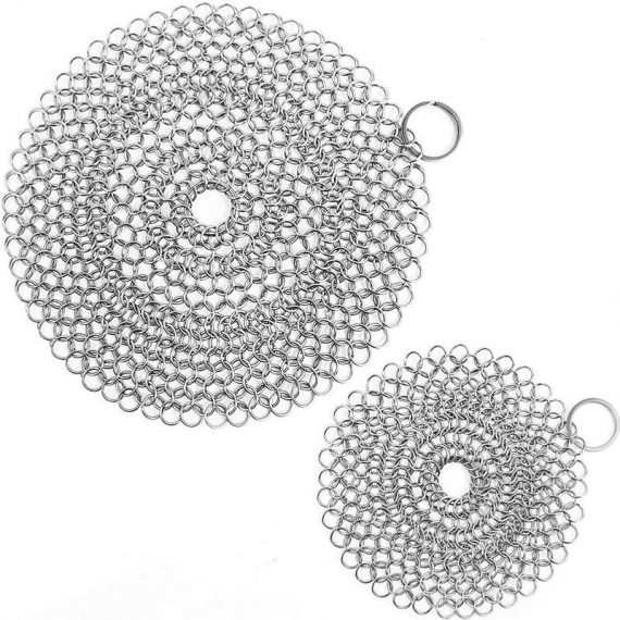 Chainmail for Cast Iron Pan Cleaner, 2 Pack Premium Stainless Steel Chain Scrubber for Cast Iron Pans, Stainless Steel, Glassware (7" Round and 5" ZKJ0409