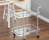 2 Tier Rectangle Kitchen Drink Trolley Glass Shelf with 2 Handles, Silver - Livingandhome ZH0977 747492495593